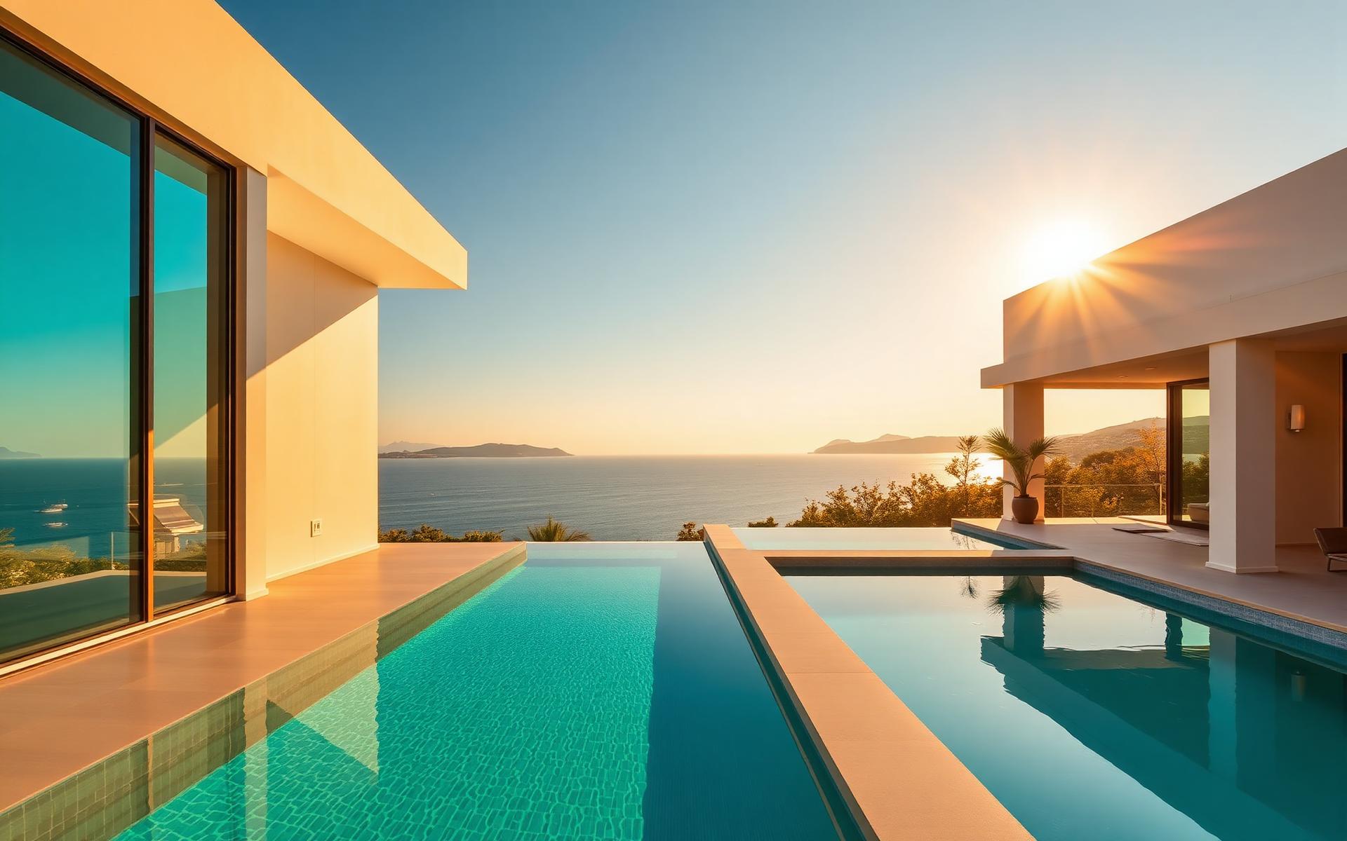 Luxury Cyprus villa at sunset overlooking the Mediterranean